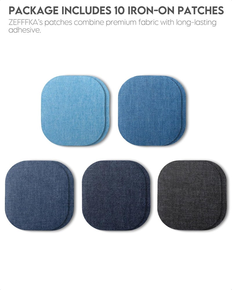 ZEFFFKA Denim Iron-on Jean Patches Inside & Outside Strongest Glue 100% Cotton Assorted Shades of Blue Black Repair Decorating Kit 10 Pieces Size 4-1/4" by 3-3/4" (9.8 cm x 10.8 cm) - Image 2
